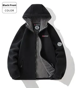 Detail of black fleece hoodie with full zipper and contrasting grey thermal lining