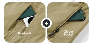 Detail of khaki outdoor vest showing large chest and side zipper pockets for smartphone