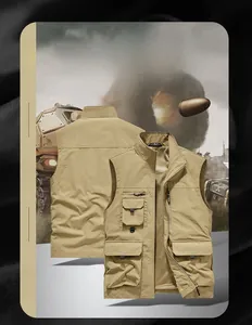 Detail of khaki outdoor vest showing functional multi-pocket system and breathable mesh lining