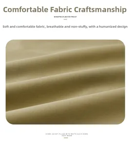 Macro view of windproof khaki vest fabric showing detailed texture and duck down lining