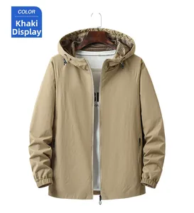 Detail of khaki windproof hooded jacket showing zipper pockets and mesh lining