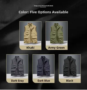 Detailed multi-pocket utility vest display in khaki, army green, grey, blue, and black