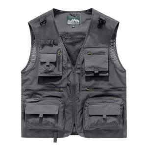 Men's dark grey multi-pocket outdoor utility vest with V-neck and breathable mesh design