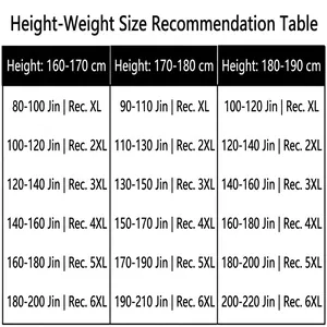 Size chart for men's casual cotton shorts showing height and weight in XL to 6XL sizes