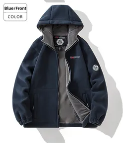 Detail of navy fleece hoodie showing soft grey lining and woven brand labels