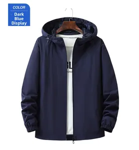Detail of dark blue hooded windbreaker with adjustable drawstrings and elastic cuffs