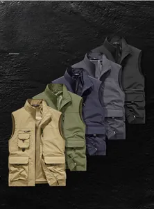 Detailed outdoor fishing vests in five colors featuring multi-pocket design and mesh lining