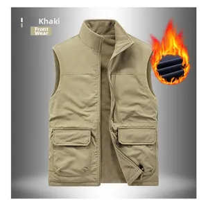 Detail of khaki men's fleece vest featuring windproof fabric and functional cargo pockets