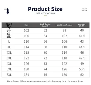 Size specifications table for men's vest from S to 6XL with bust and length in CM