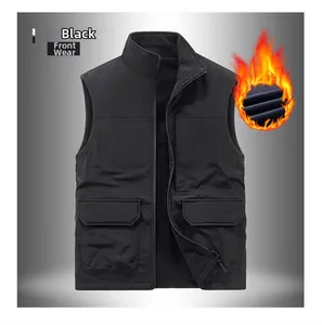 Front view of black thickened fleece-lined vest featuring large pockets and windproof fabric