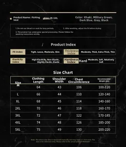 Detailed size chart for multi-pocket outdoor fishing vest ranging from M to 5XL size