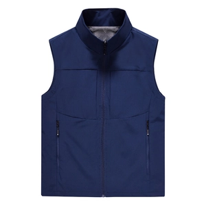 Men's outdoor breathable casual vest in navy blue with stand collar and zipper pockets