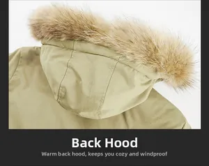 Dettaglio cappuccio del parka con bordo in pelliccia sintetica e tessuto tecnico