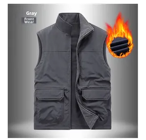 Detail of gray fleece vest showing the stand collar and warm thick lining for men