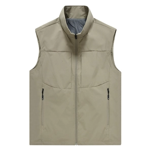 Men's outdoor leisure khaki vest with stand collar and breathable mesh lining