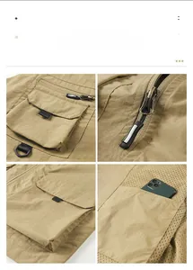 Detail view of khaki tactical vest showing multi-pockets, mesh lining and D-ring features