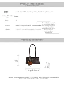 Size chart for vintage PU leather shoulder bag showing 29x10x13cm dimensions and interior