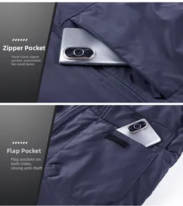 Detail of outdoor vest zipper and velcro flap pockets showing depth for smartphones