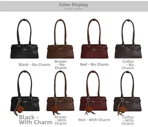 Detailed grid of faux leather shoulder bags in black, brown, red, and coffee with bear charms