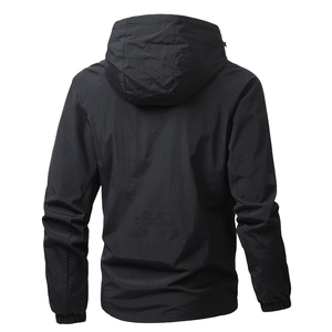 Men's black hooded windbreaker jacket with lightweight waterproof fabric from the back view
