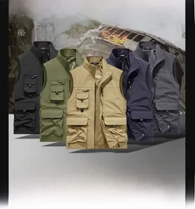 Detailed flat lay of multi-pocket quick-dry utility vests in five diverse colors