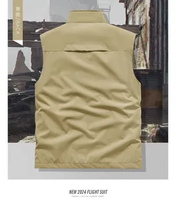 Rear view of khaki outdoor vest with stand collar and durable cotton spandex fabric