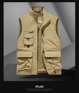 Detail of khaki multi-pocket outdoor vest showing mesh lining and stand collar