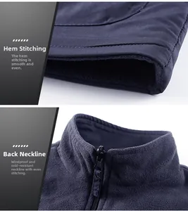 Detail view of navy fleece vest featuring precision stitching and a windproof high collar