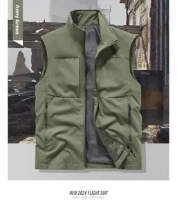 Detail of army green cargo vest in cotton spandex fabric with stand collar and zipper