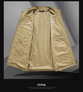 Detail view of khaki utility vest showing breathable mesh lining and inner pocket
