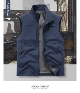 Close-up of dark blue tactical vest showing mesh lining and zipper pocket details