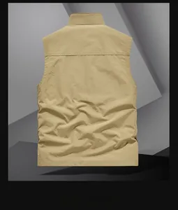 Back view of khaki multi-pocket utility vest with stand collar and quick-dry fabric