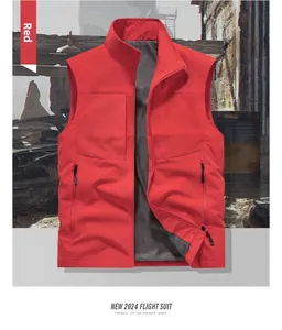Detail of red flight vest showing stand collar, full zipper, and breathable mesh lining