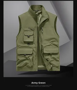 Detail of military green cargo vest with multi-pockets and breathable mesh lining
