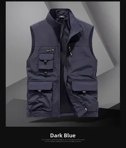 Detailed view of dark blue utility vest with multiple functional pockets and stand collar