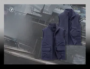 Detail of reversible men's workwear vest with stand collar and double-sided wear feature