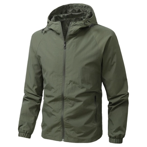 Men's Casual Hooded Windbreaker Jacket Lightweight Water Resistant Outdoor Utility Coat Solid Color Activewear Outwear