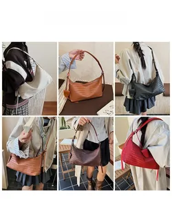 Collage of model wearing woven leather hobo bag in five colors with adjustable strap