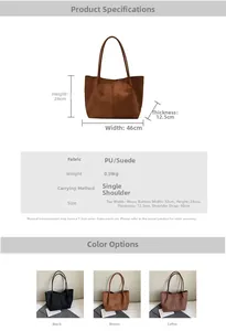Detailed size specifications and color options for the large PU leather tote bag
