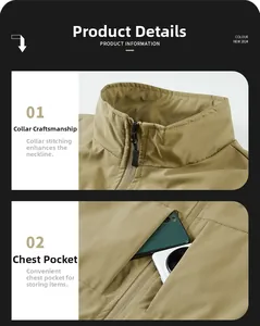 Detailed view of dark khaki outdoor vest showing stand collar stitching and chest pocket