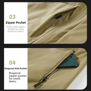 Detail of khaki outdoor vest showing chest and side zipper pockets with durable texture