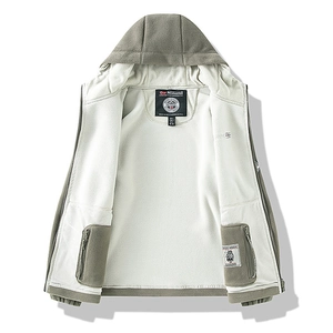 Men's olive green hooded fleece jacket with warm white faux shearling lining