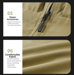 Macro shot of smooth zipper and khaki functional fabric with thermal texture on outdoor vest