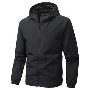 Men's black hooded windbreaker jacket with full zipper and waterproof fabric