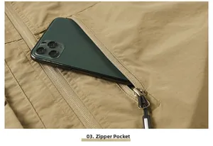 Close-up of khaki utility vest zipper pocket showing quick-dry fabric texture