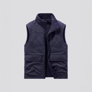 Men's reversible navy fleece vest with stand collar and functional utility pockets