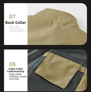 Detail of khaki outdoor vest showing stand collar stitching and breathable mesh lining