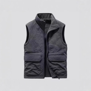 Men's reversible fleece lined puffer vest with stand collar and cargo pockets in charcoal grey