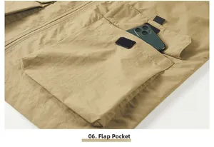 Macro shot of khaki utility vest flap pocket with Velcro and smartphone for scale
