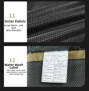 Detail of men's vest 100% polyester mesh lining and garment care label features
